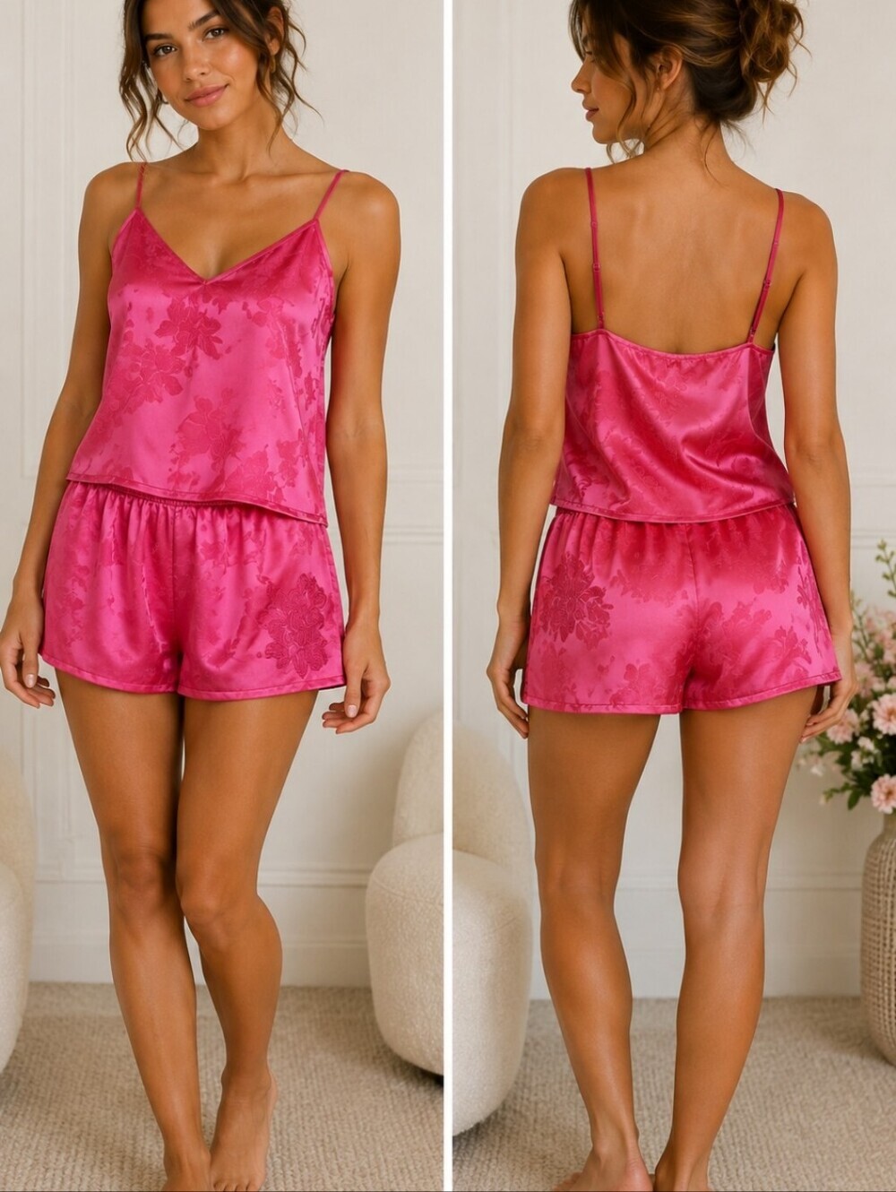 Pajamagram Hot Pink Satin Floral Appliqué Cami & Shorts Pajama Set Size L EUC